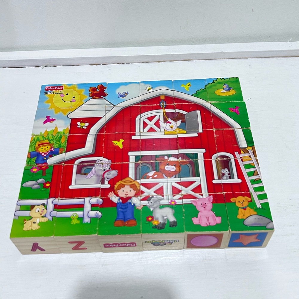 Fisher Price Little People Farm Puzzle Blocks Wood Alphabet Letters Animal cube